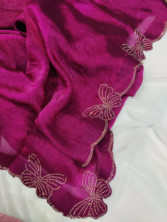Bitiyaa Magenta Butterfly Crystal Tissue Saree with Hand Embellished Border