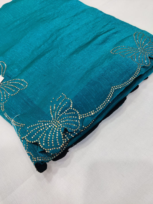 Bitiyaa Teal Blue Butterfly Crystal Tissue Saree with Hand Embellished Border