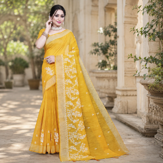 Yellow cotton linen-touch saree