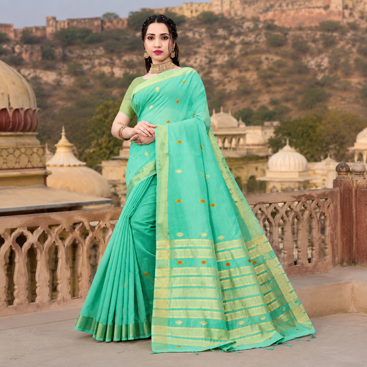 Turquoise Cotton Silk Saree