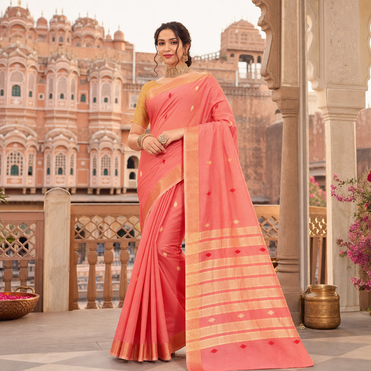 Coral Peach Cotton Silk Saree