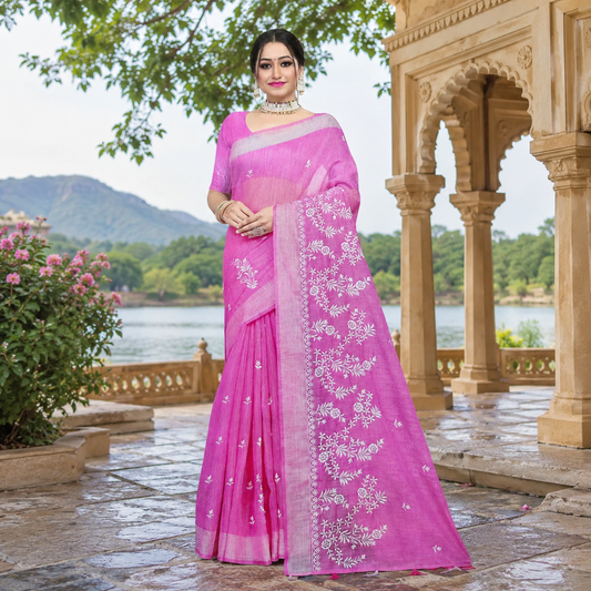 Pink cotton linen-touch saree