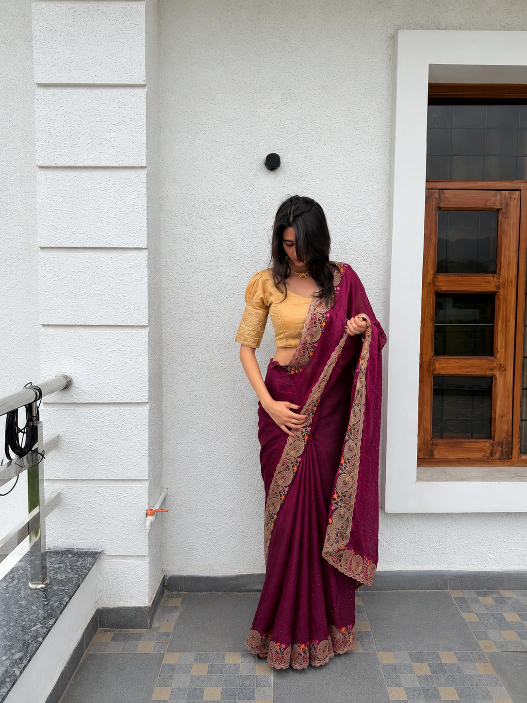 Purple Sequin Saree with Gold Zari & Floral Border