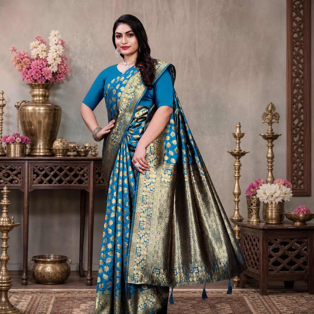 Blue Banarasi silk saree