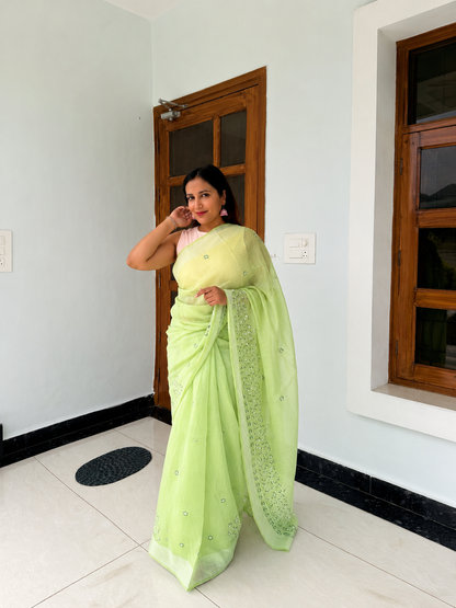 Green cotton linen-touch saree