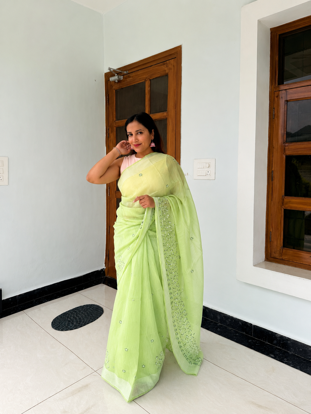 Blue cotton linen-touch saree
