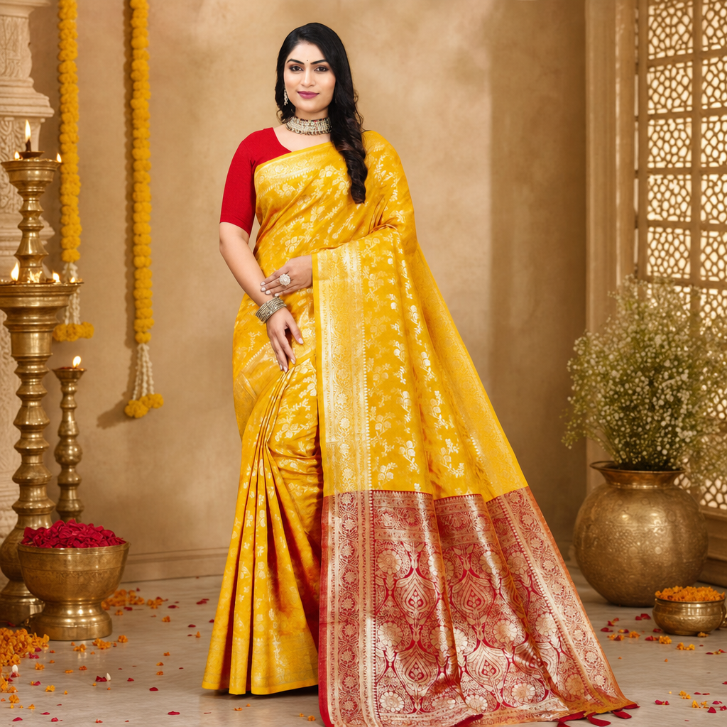 Yellow Banarasi silk saree