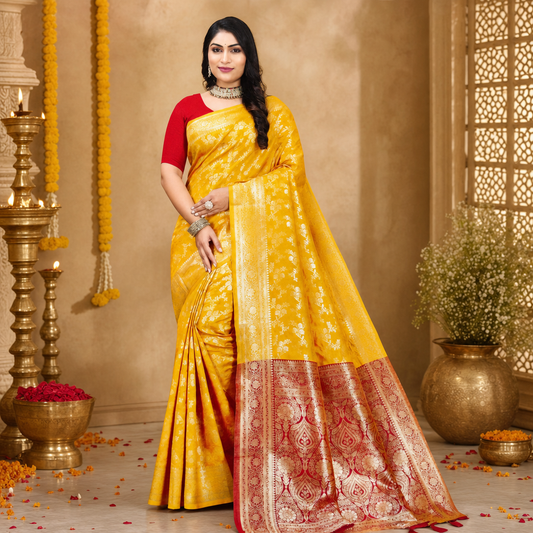 Yellow Banarasi silk saree