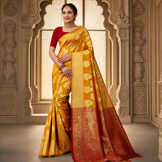 Yellow Banarasi silk saree