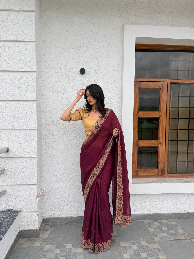 Purple Sequin Saree with Gold Zari & Floral Border
