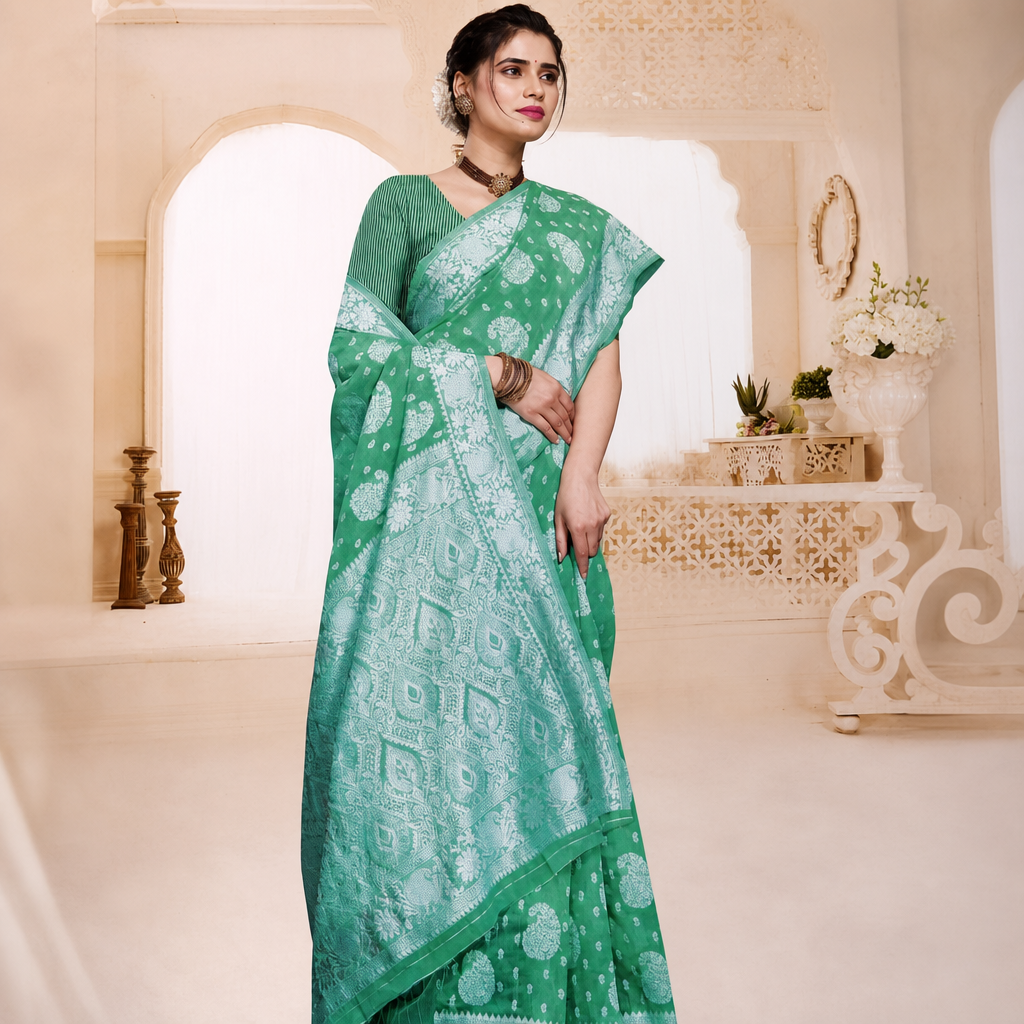 Green banarasi cotton silk saree