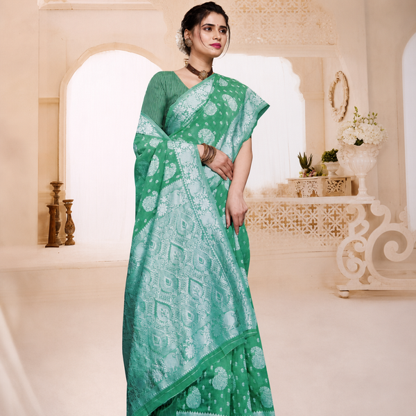 Green banarasi cotton silk saree
