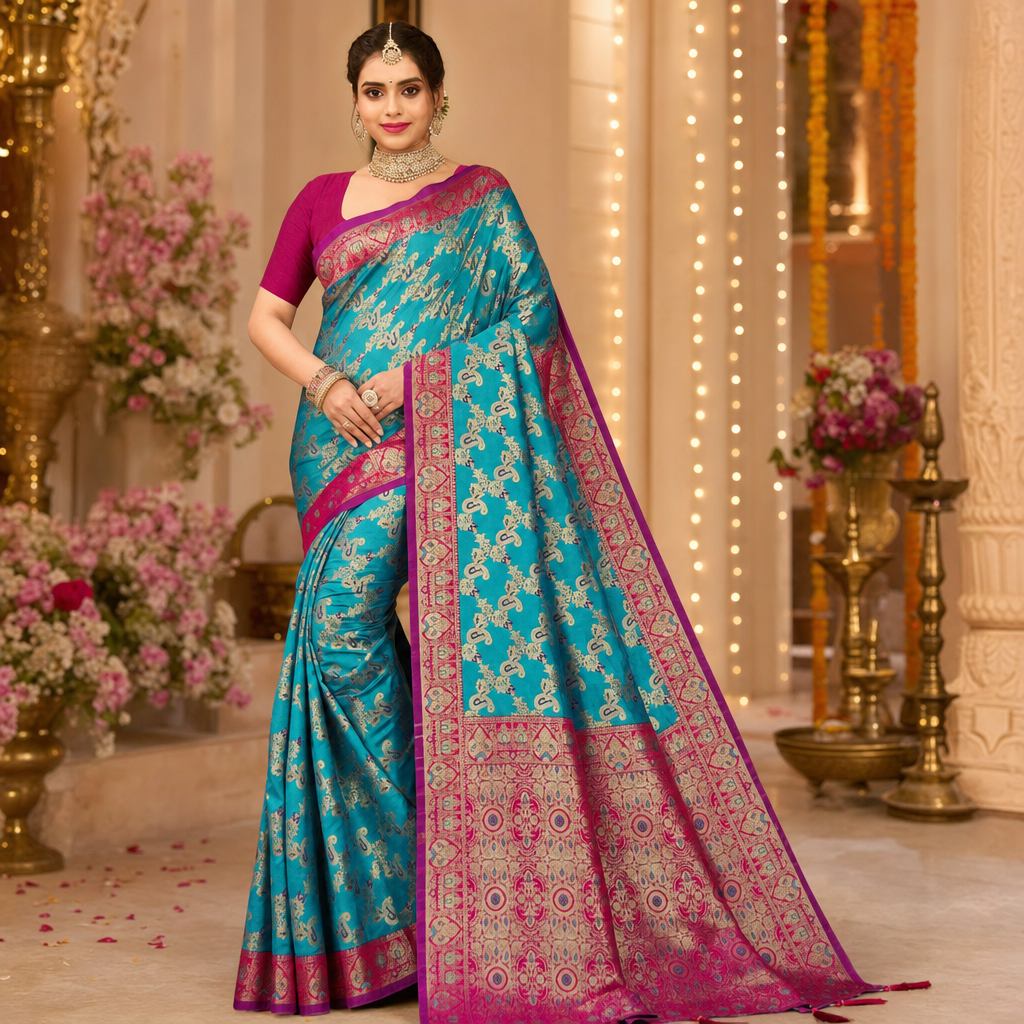 Blue Banarasi silk saree