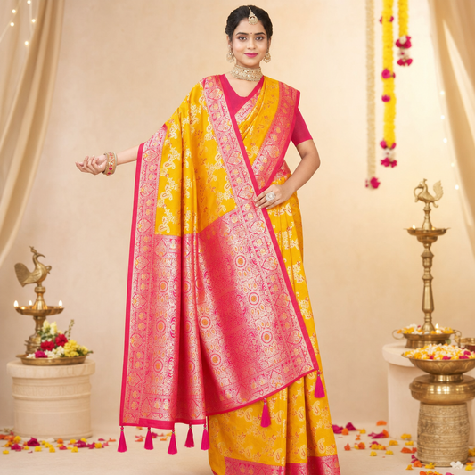 Yellow Banarasi silk saree