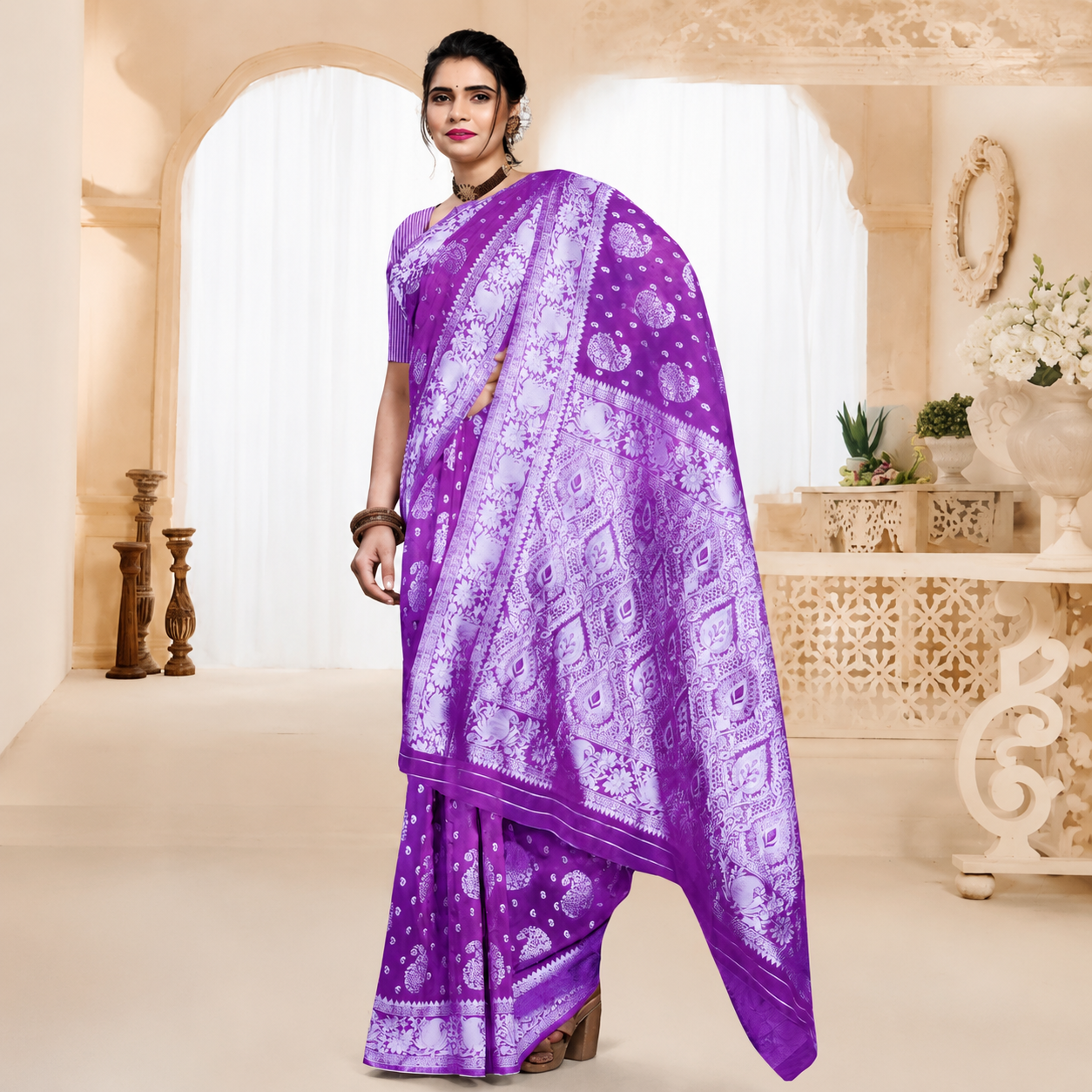 Purple banarasi cotton silk saree