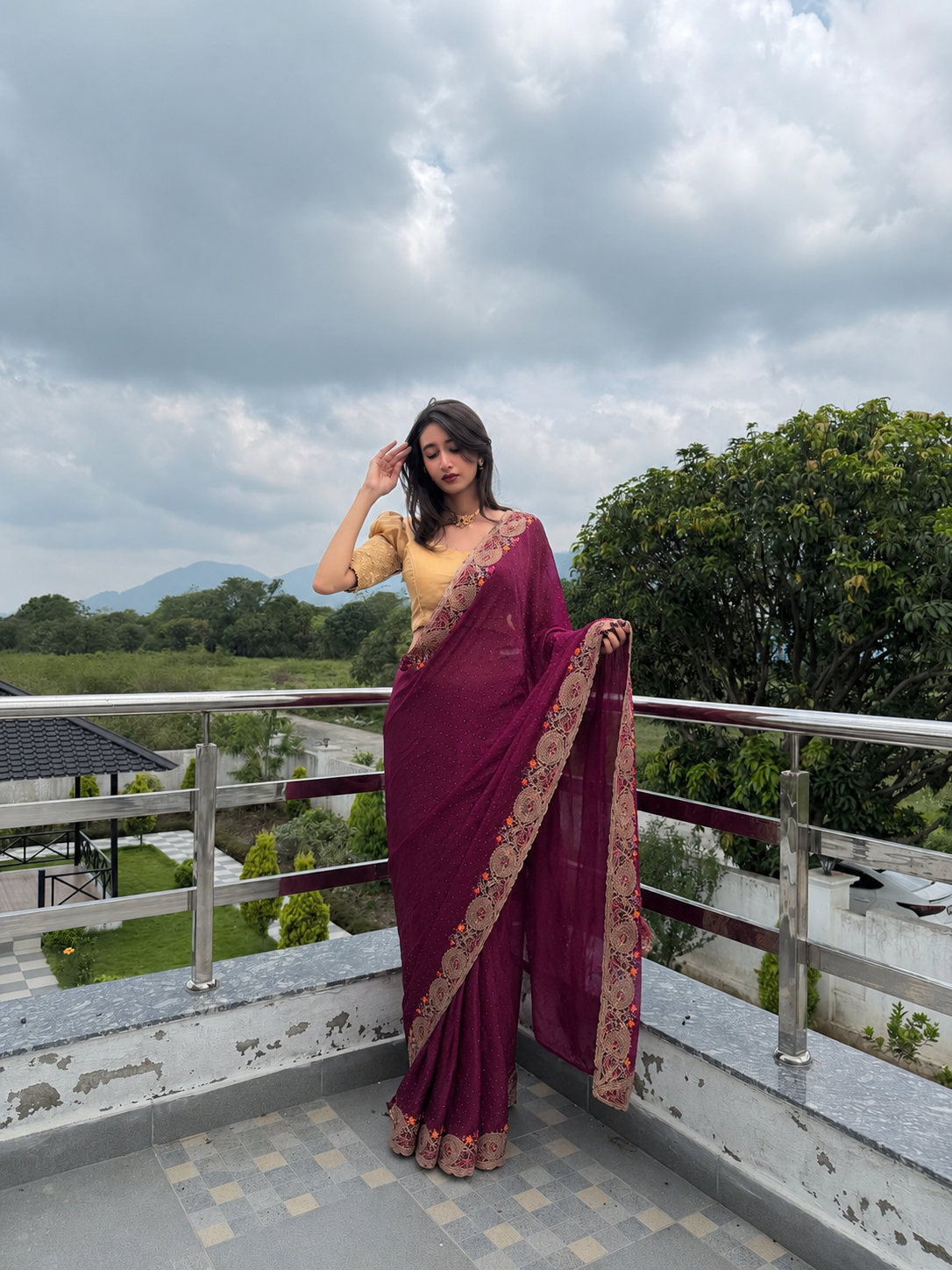 Purple Sequin Saree with Gold Zari & Floral Border
