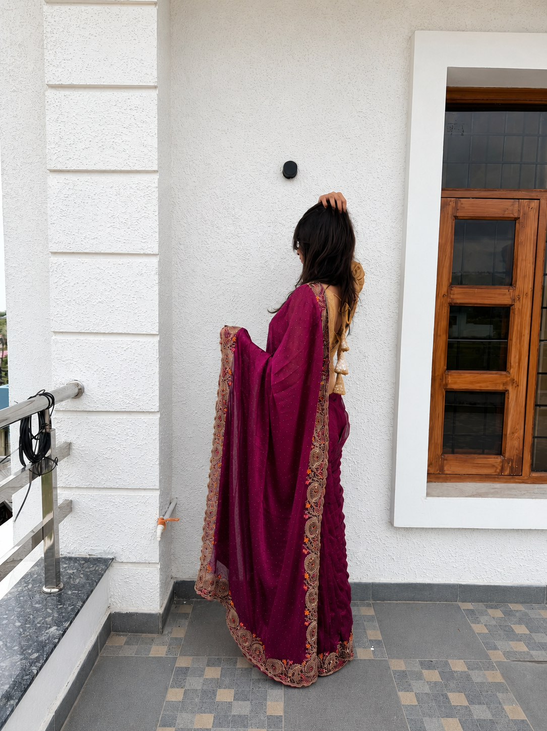 Purple Sequin Saree with Gold Zari & Floral Border