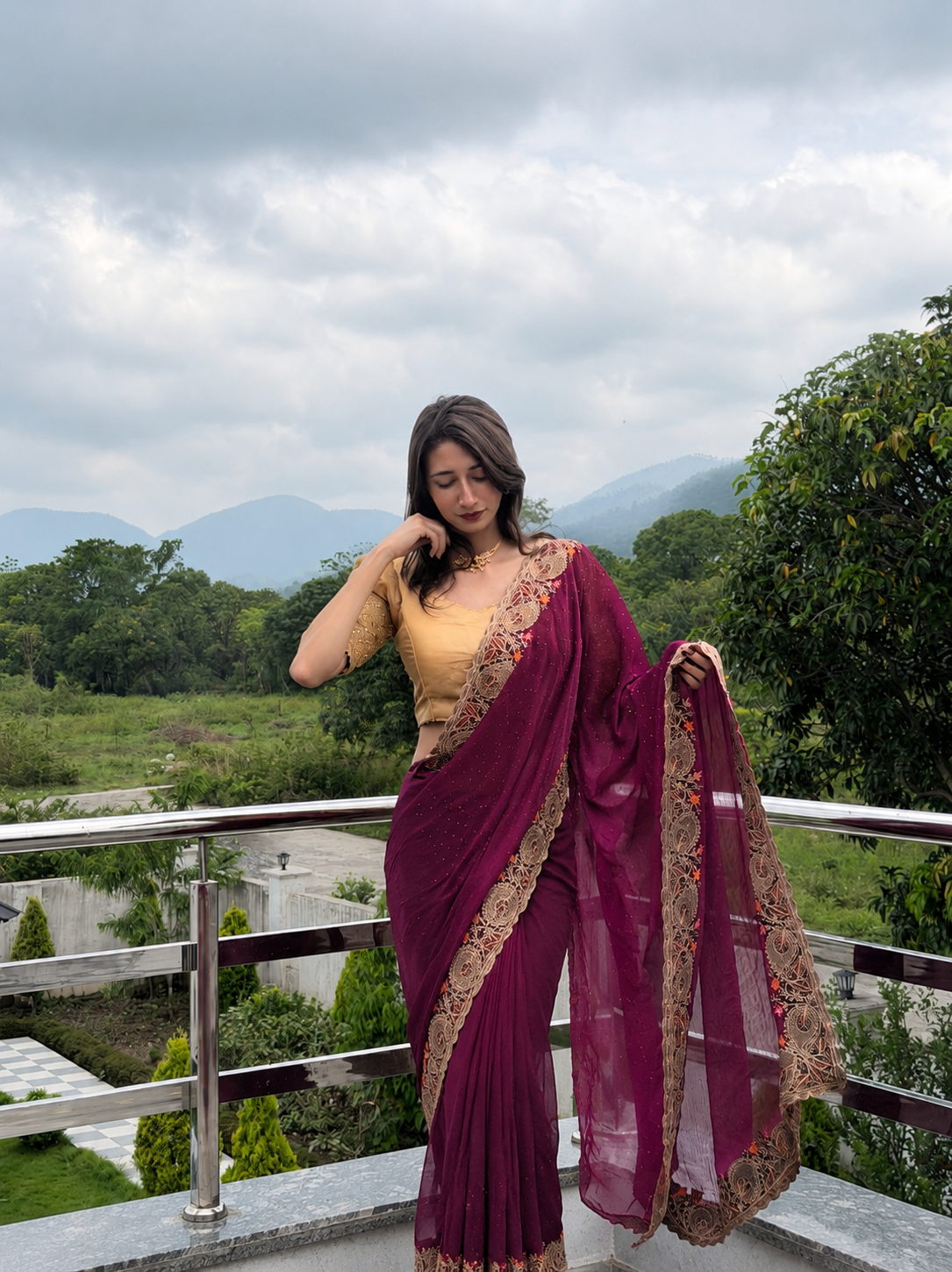Purple Sequin Saree with Gold Zari & Floral Border