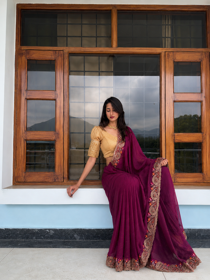 Purple Sequin Saree with Gold Zari & Floral Border