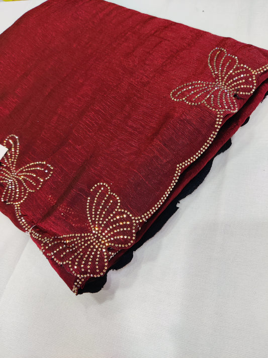 Bitiyaa Maroon Butterfly Crystal Tissue Saree with Hand Embellished Border