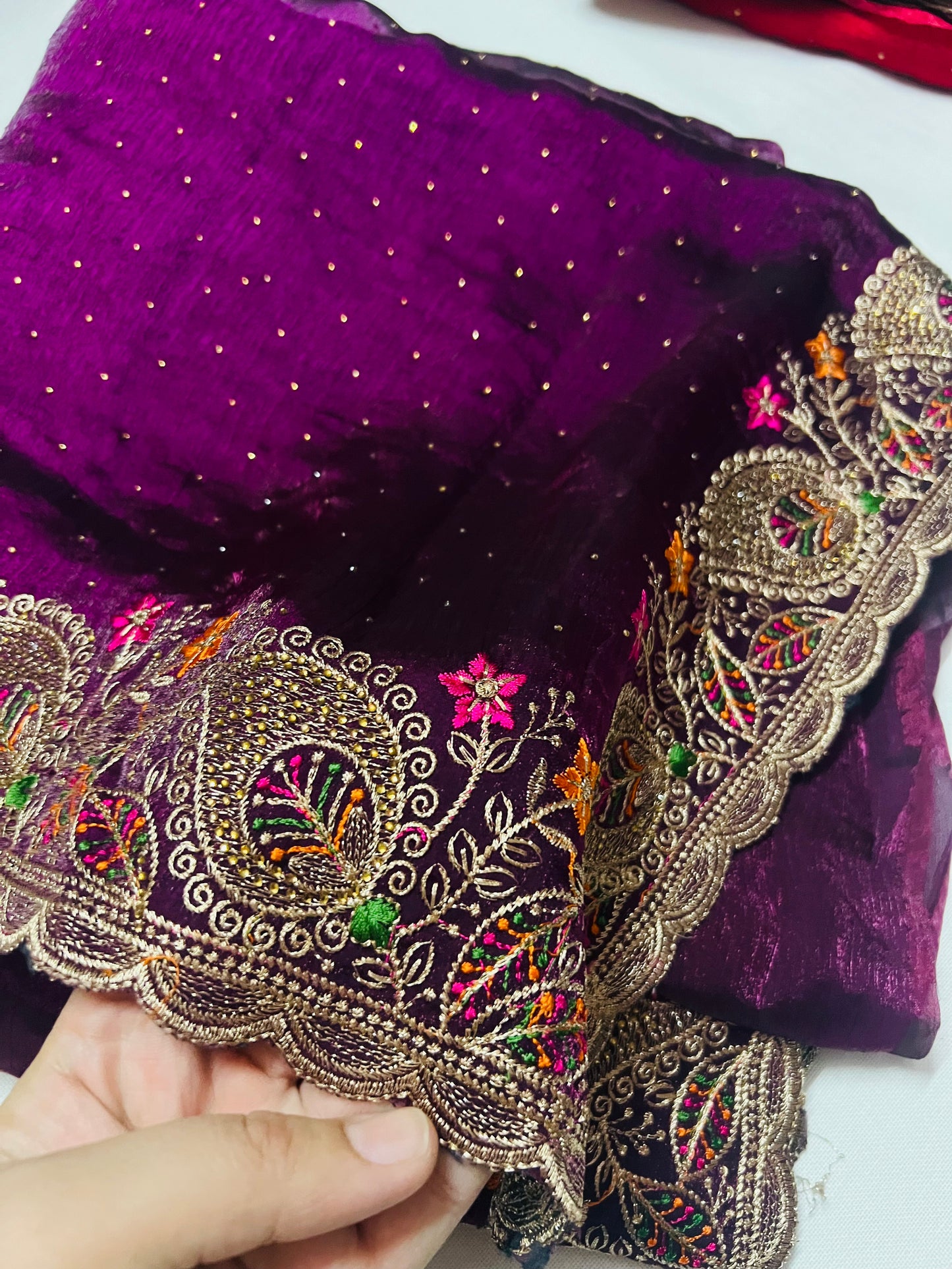 Purple Sequin Saree with Gold Zari & Floral Border