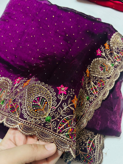 Purple Sequin Saree with Gold Zari & Floral Border