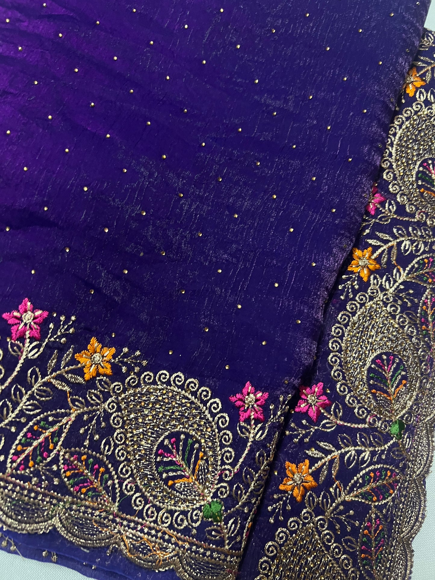 Deep Purple Sequin Saree with Gold Zari & Floral Border