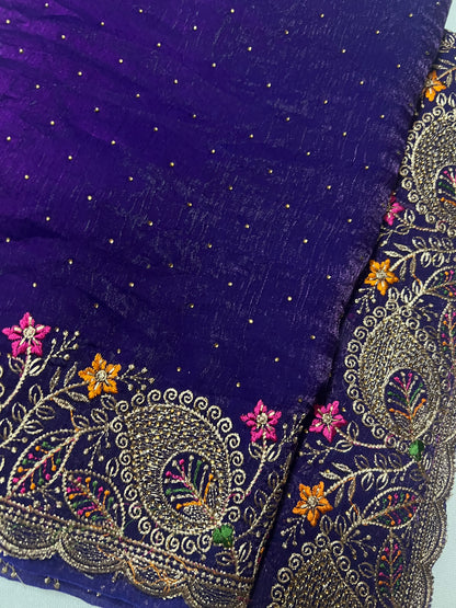 Deep Purple Sequin Saree with Gold Zari & Floral Border