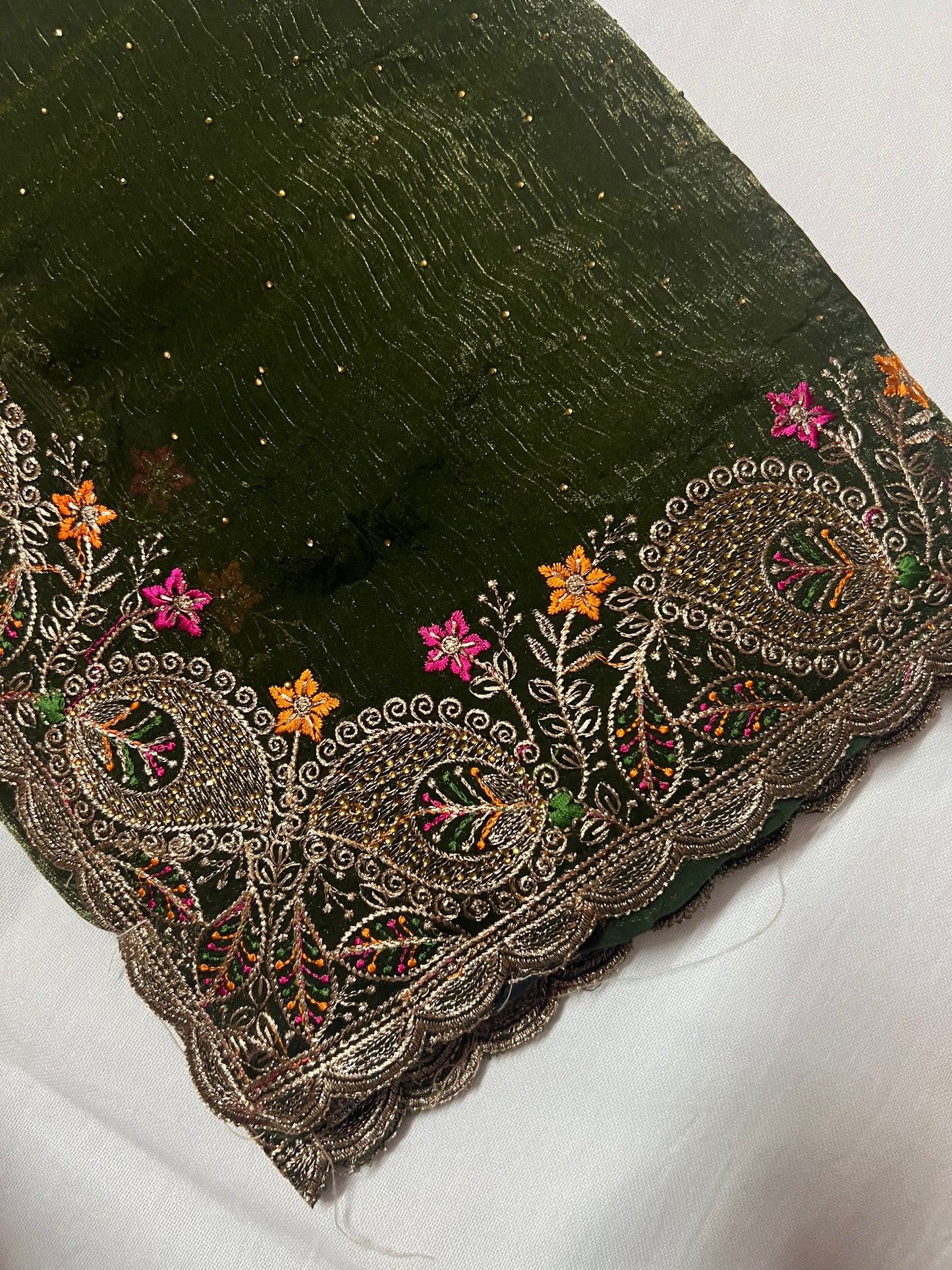 Green Sequin Saree with Gold Zari & Floral Border
