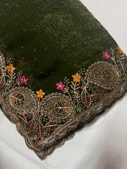 Green Sequin Saree with Gold Zari & Floral Border