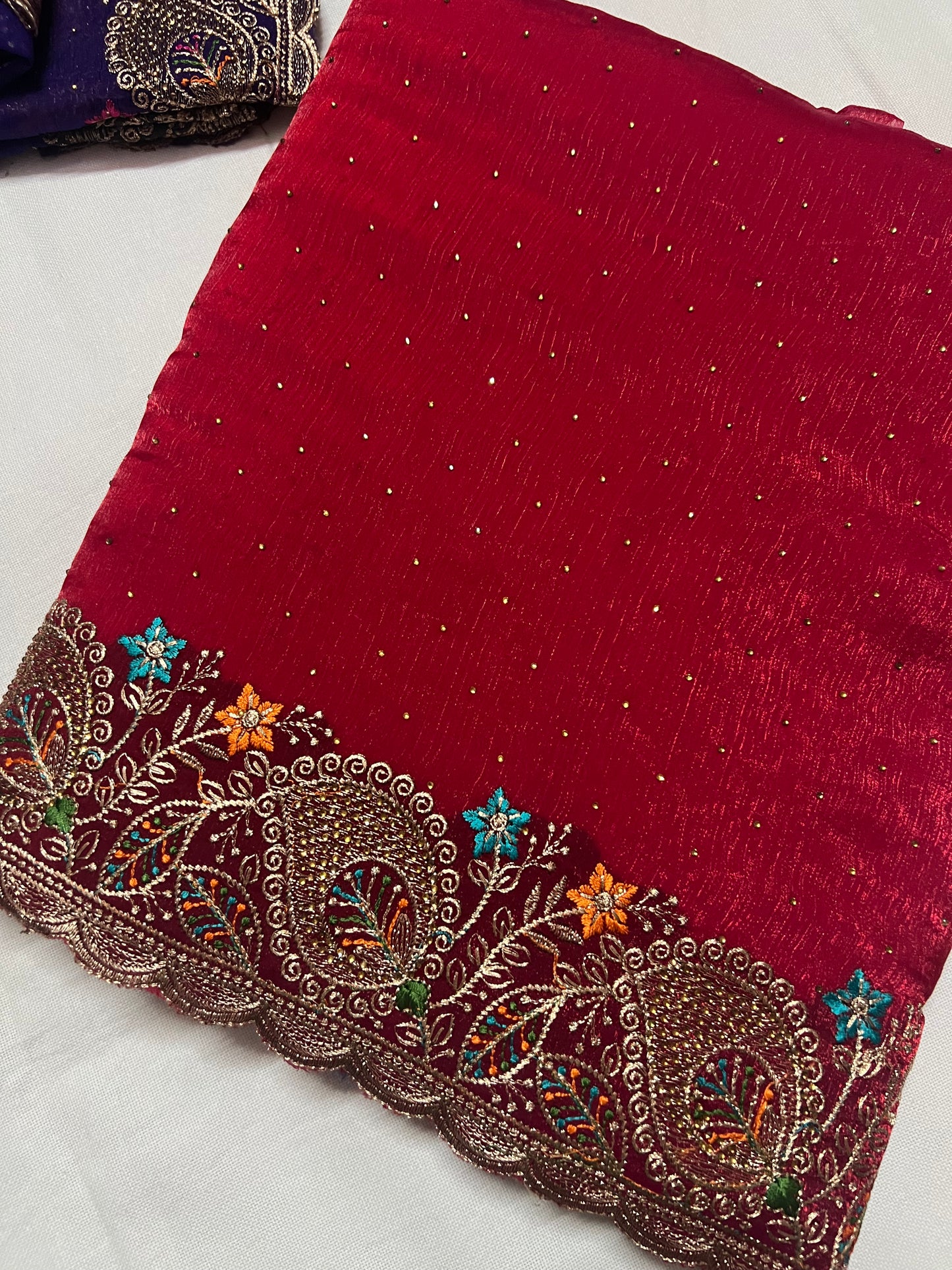 Red Sequin Saree with Gold Zari & Floral Border