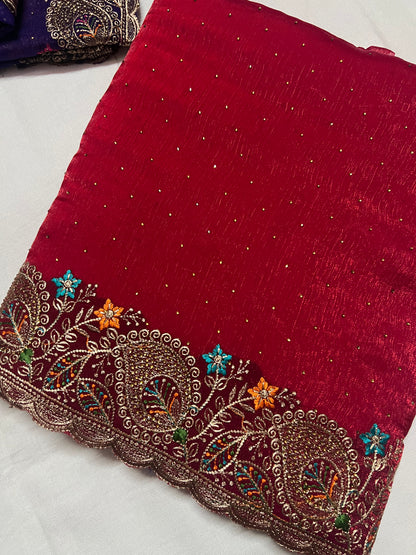 Red Sequin Saree with Gold Zari & Floral Border
