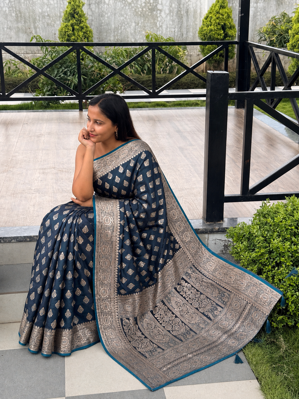 Teal Blue Banarasi Silk Saree with Gold Zari Weave