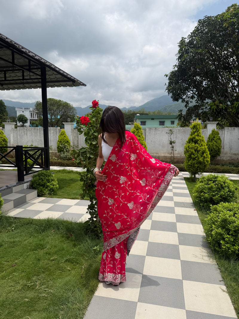 Magenta Embroidered Fendi Saree