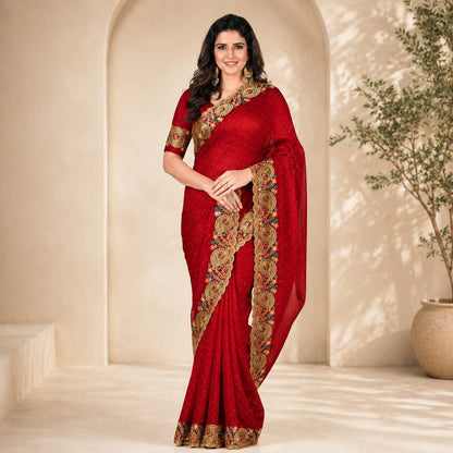Red Sequin Saree with Gold Zari & Floral Border
