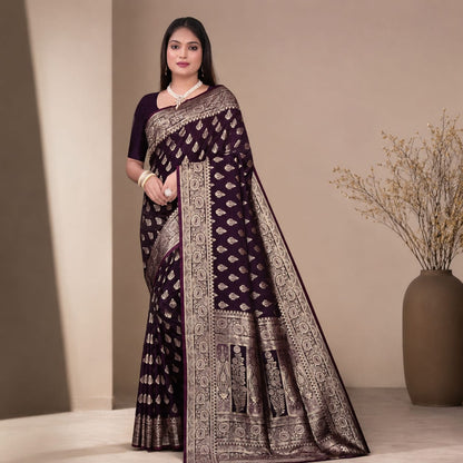 Deep Purple Banarasi Silk Saree with Silver & Gold Zari Weave