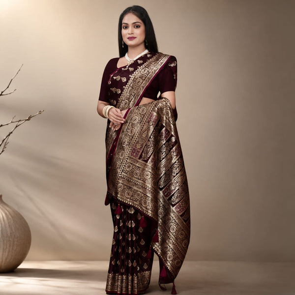 Deep Maroon Banarasi Silk Saree with Gold Zari Weave