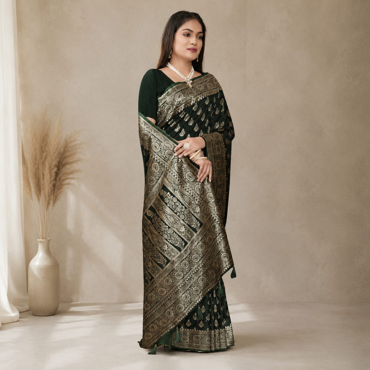 Forest Green Banarasi Silk Saree with Gold Zari Weave