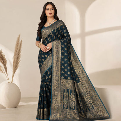 Teal Blue Banarasi Silk Saree with Gold Zari Weave
