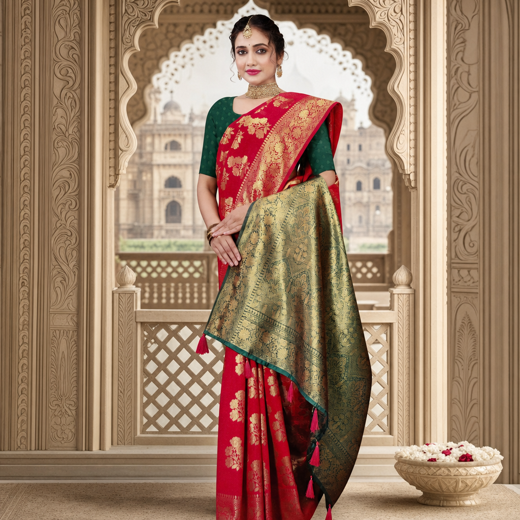 Red Banarasi silk saree