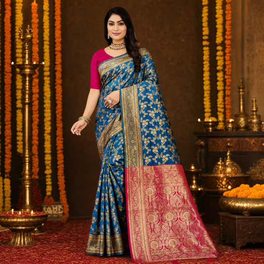 Blue Banarasi silk saree
