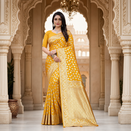 Yellow Banarasi silk saree