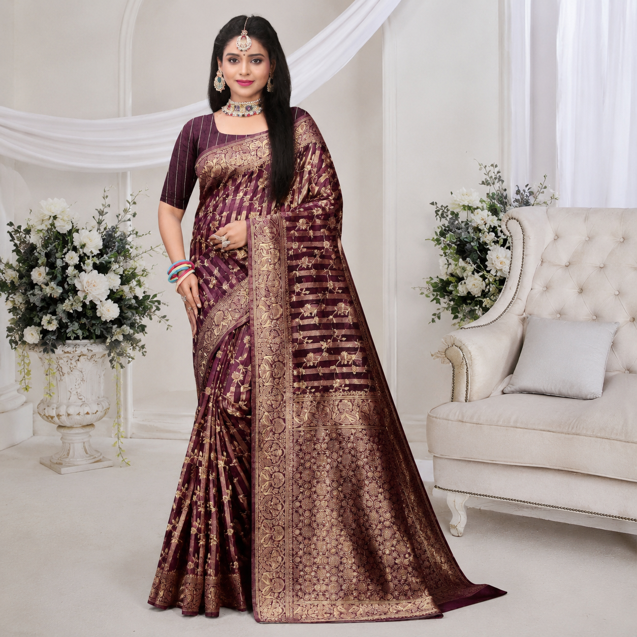 Wine banarasi zari woven silk saree