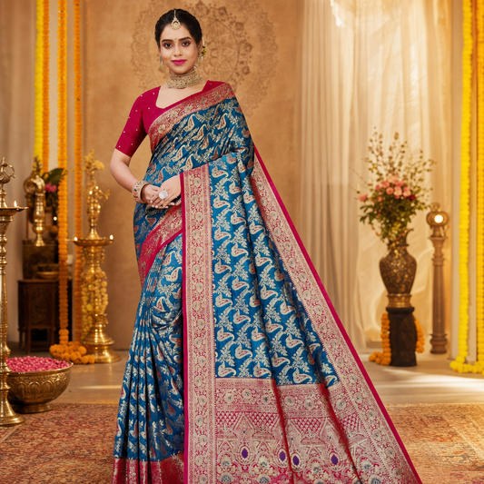 Blue Banarasi silk saree