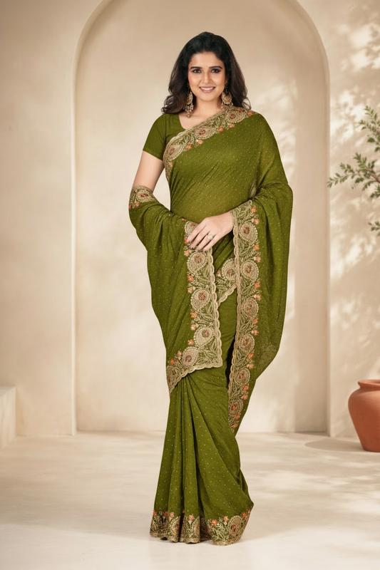 Green Sequin Saree with Gold Zari & Floral Border