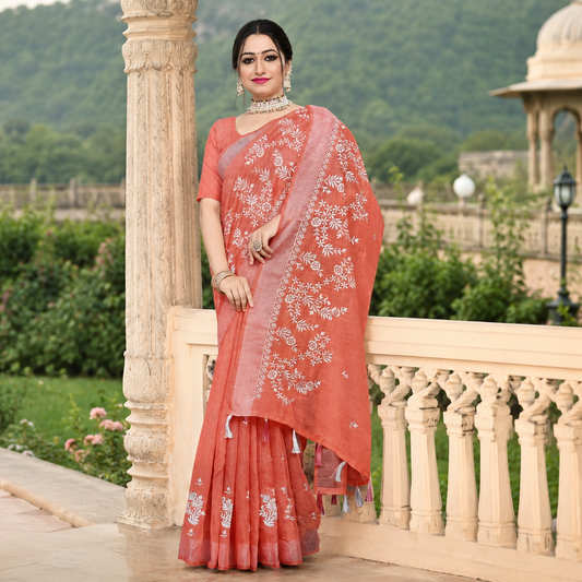 Peach cotton linen-touch saree