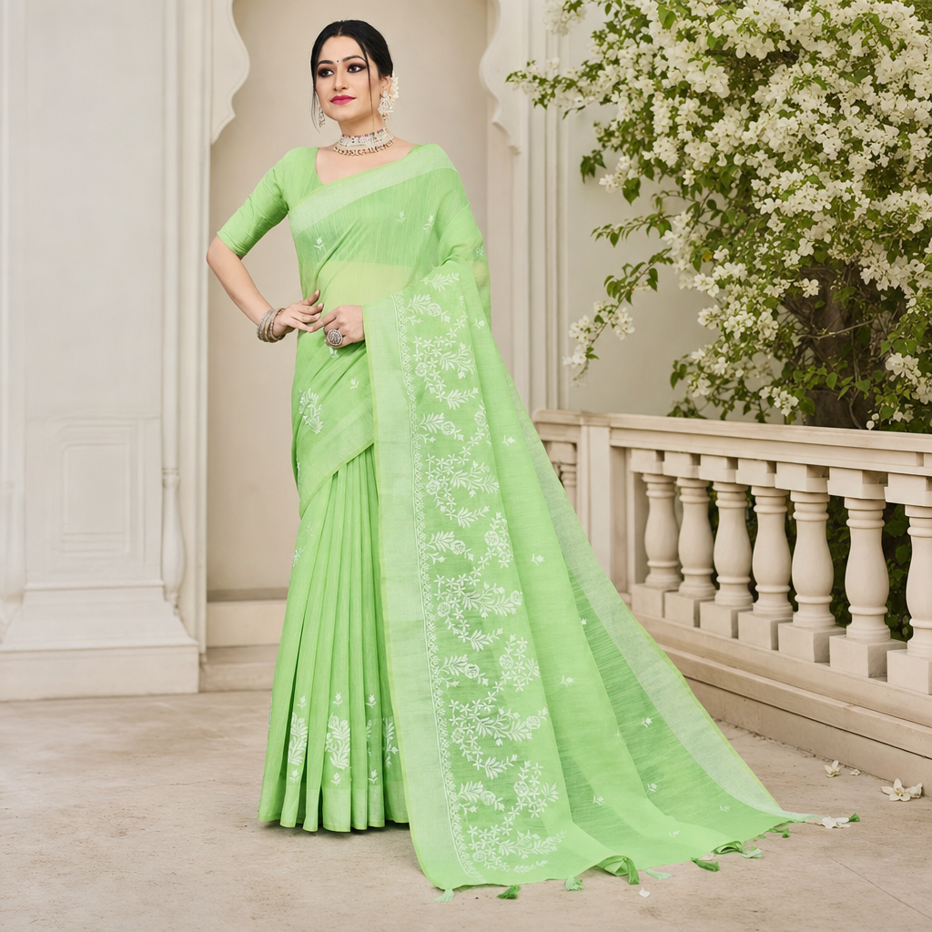 Green cotton linen-touch saree