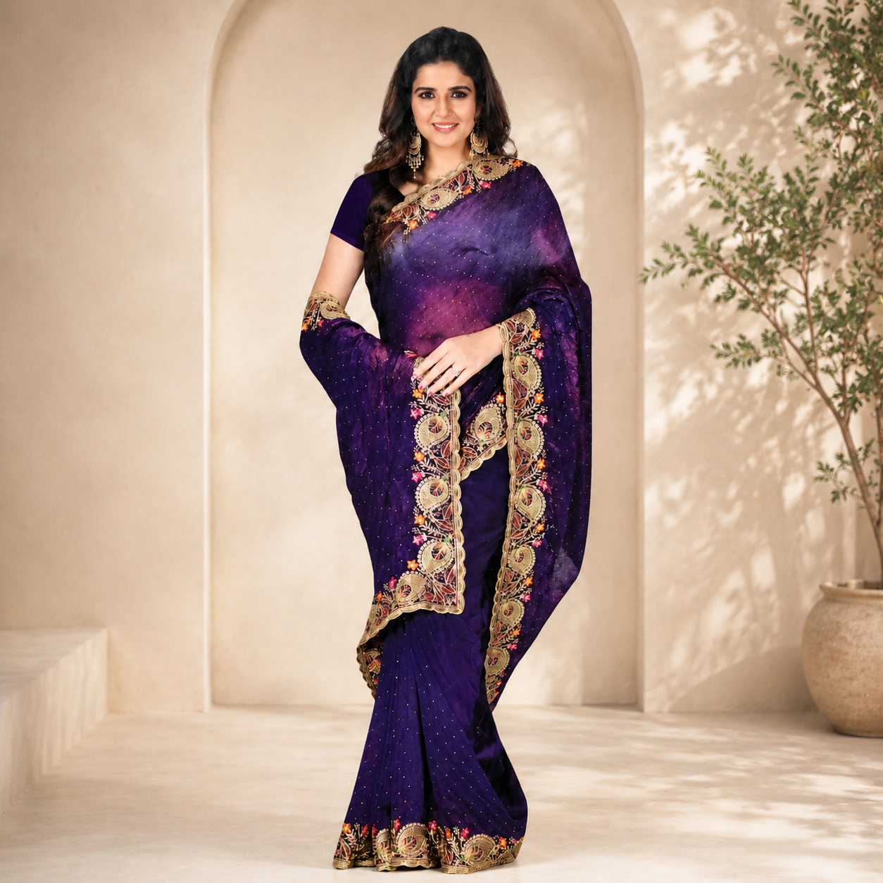Purple Sequin Saree with Gold Zari & Floral Border