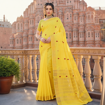 Yellow Cotton Silk Saree