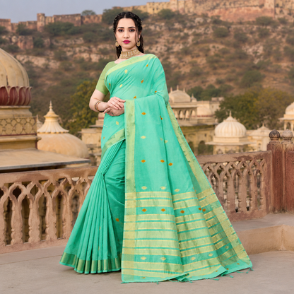 Turquoise Cotton Silk Saree